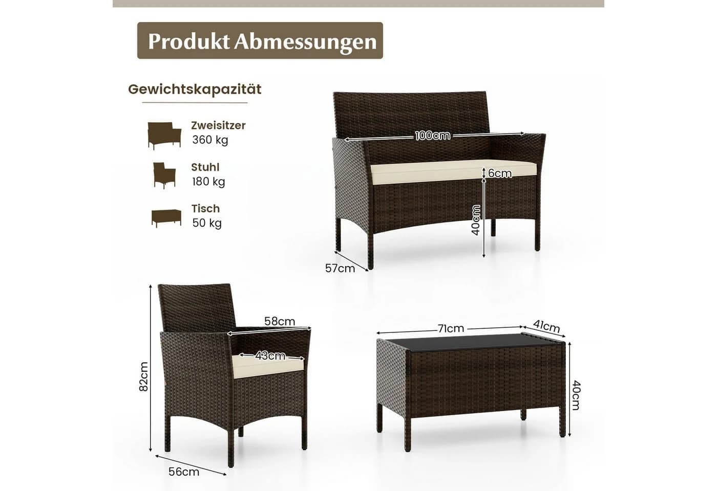 COSTWAY Balkonset 4-tlg. Rattan mit Zweisitzer, 2 Stühlen, Tisch & Kissen - Bild 3