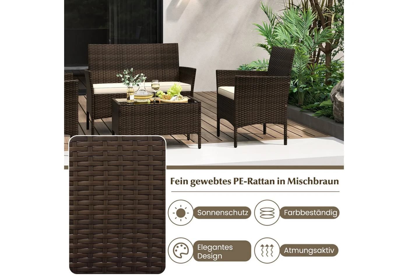 COSTWAY Balkonset 4-tlg. Rattan mit Zweisitzer, 2 Stühlen, Tisch & Kissen - Bild 4