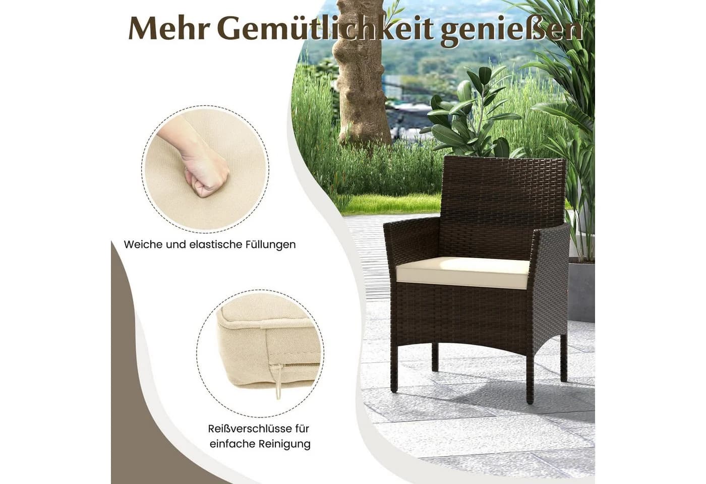 COSTWAY Balkonset 4-tlg. Rattan mit Zweisitzer, 2 Stühlen, Tisch & Kissen - Bild 5