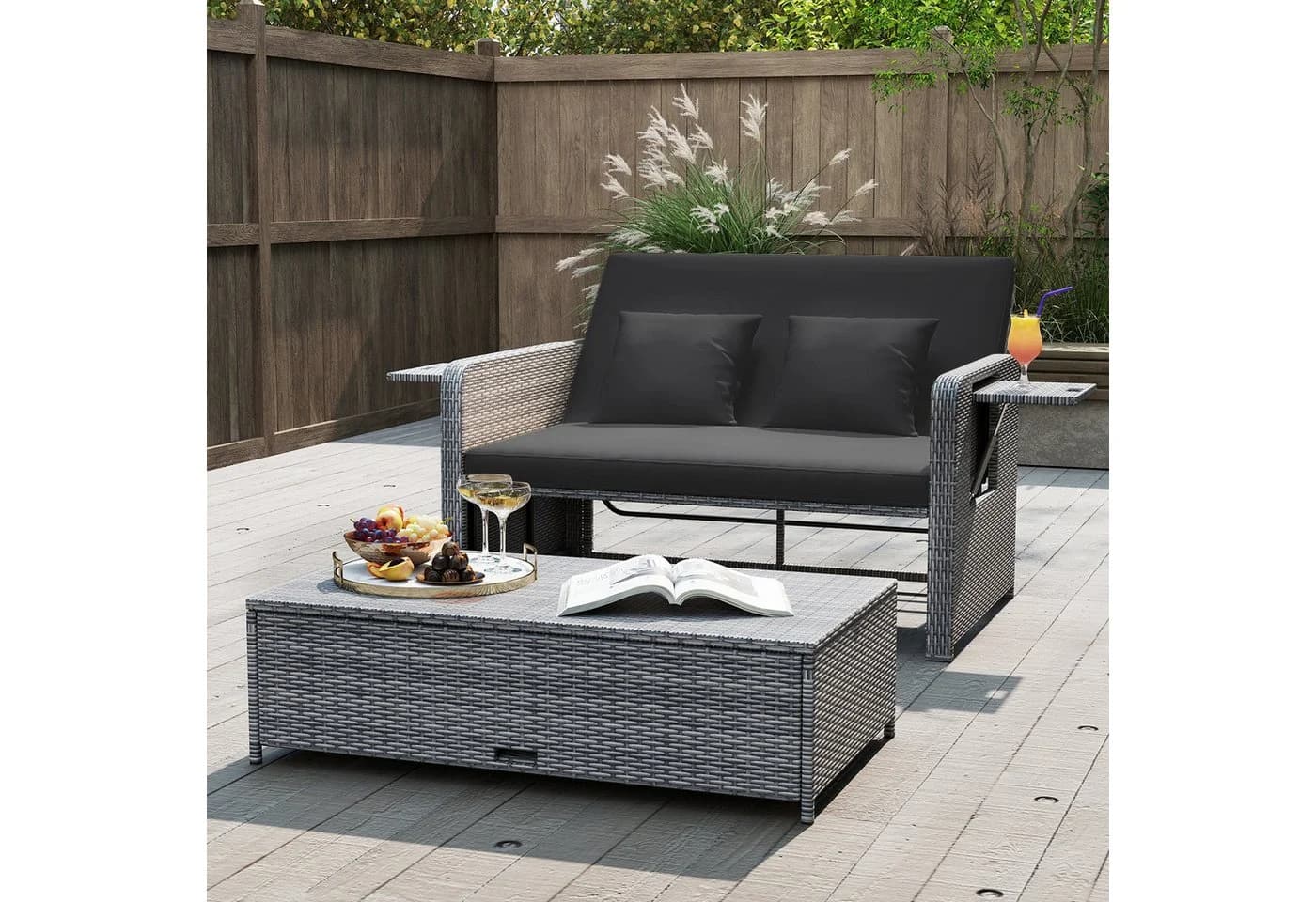 COSTWAY Loungebett Gartenliege mit Stauraum & verstellbarer Lehne Rattan