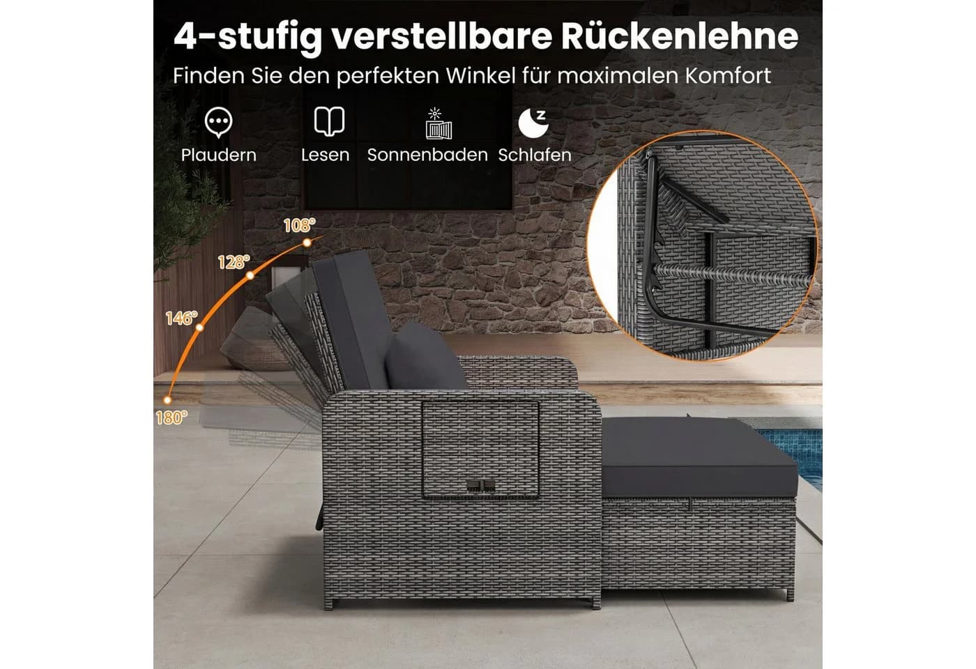 COSTWAY Loungebett Gartenliege mit Stauraum & verstellbarer Lehne Rattan - Bild 3