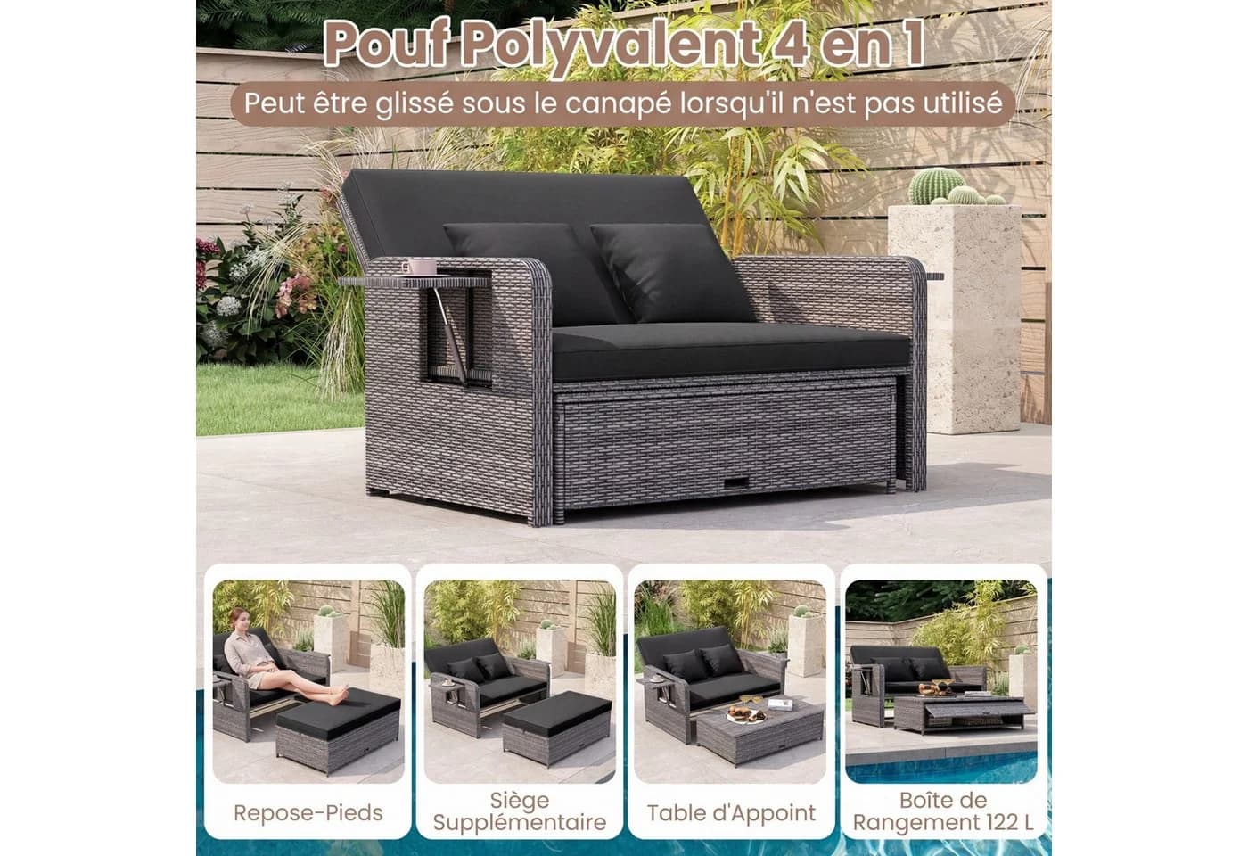 COSTWAY Loungebett Gartenliege mit Stauraum & verstellbarer Lehne Rattan - Bild 4