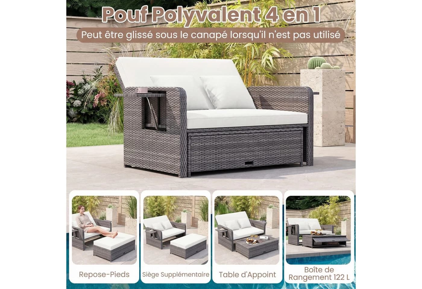 COSTWAY Loungebett mit verstellbarer Rückenlehne und Stauraum - Bild 4