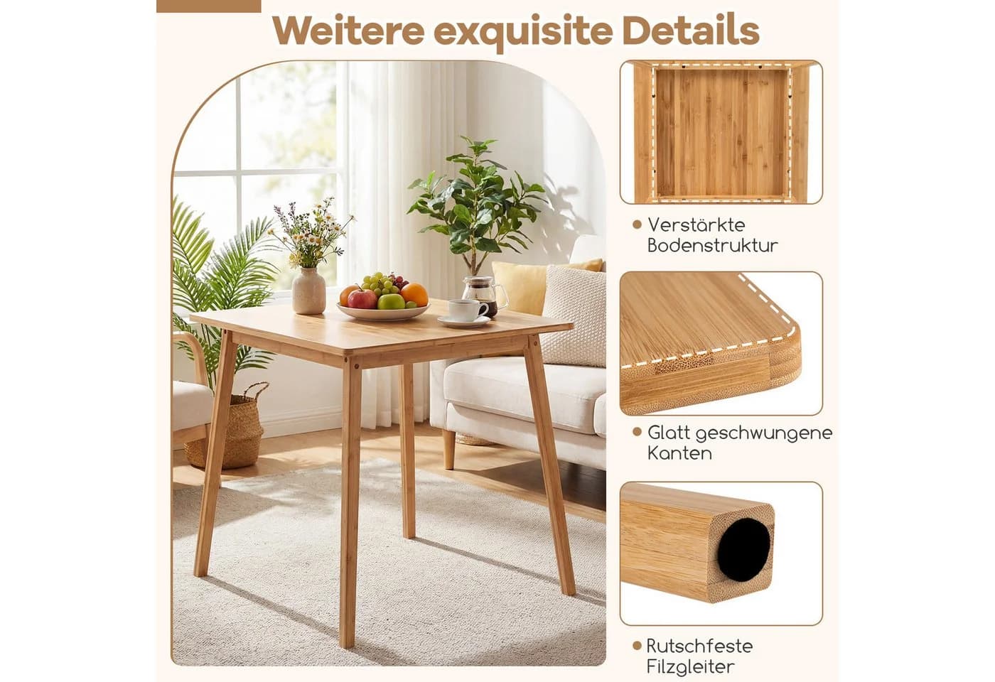 COSTWAY Quadratischer Bambus-Esstisch für 2-4 Personen - Bild 4