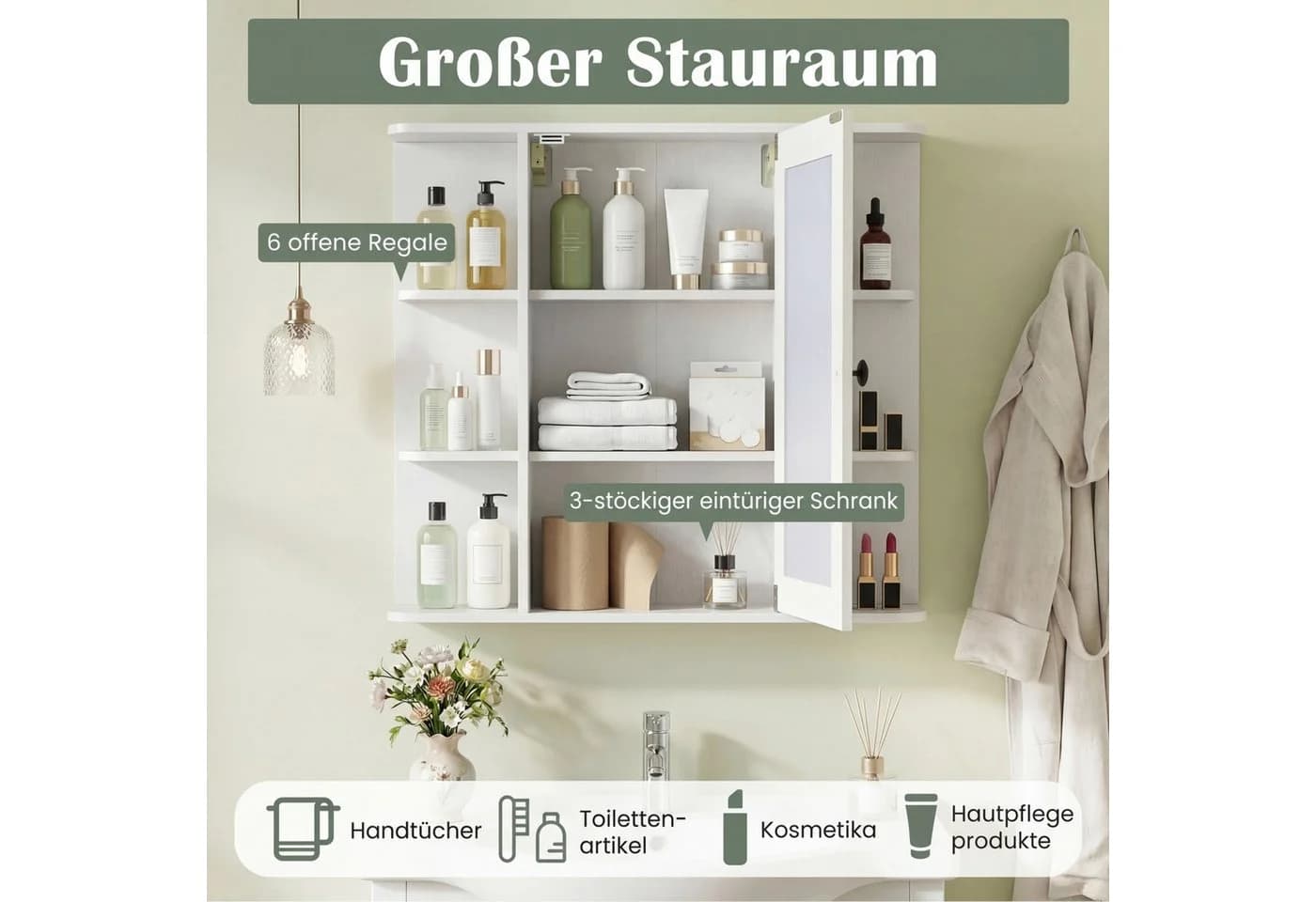 COSTWAY Spiegelschrank Badschrank Weiß mit Spiegel & Stauraum - Bild 3