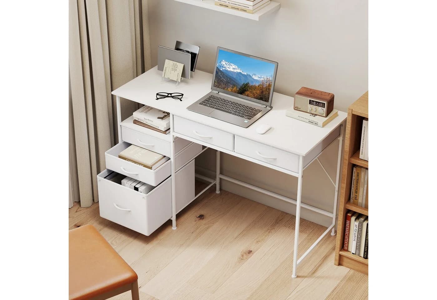 COSTWAY Schreibtisch mit 5 Schubladen & Regal 120x50cm weiß