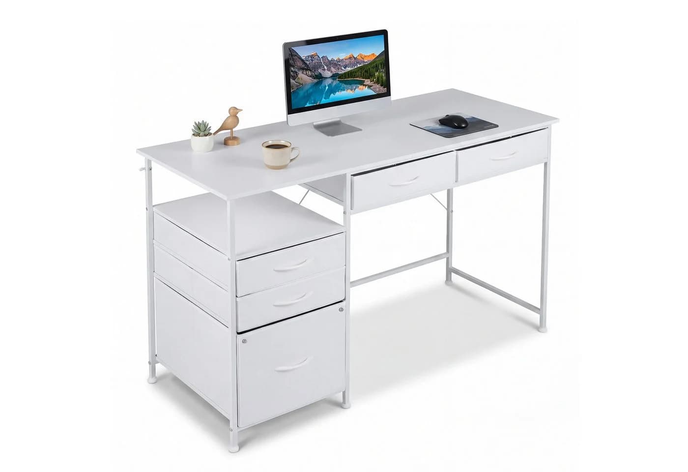 COSTWAY Schreibtisch mit 5 Schubladen & Regal 120x50cm weiß - Bild 2