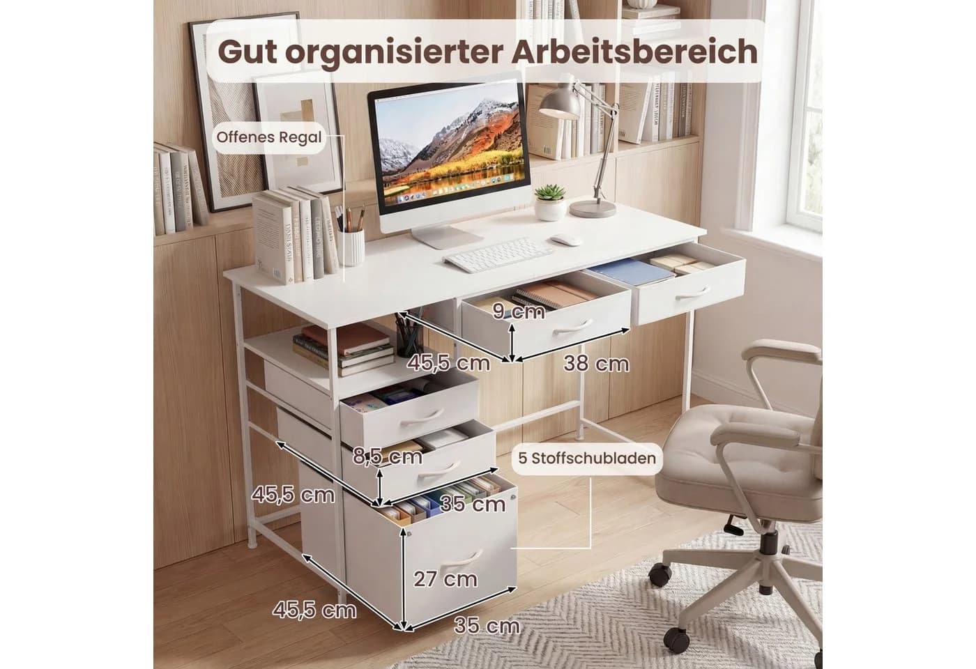 COSTWAY Schreibtisch mit 5 Schubladen & Regal 120x50cm weiß - Bild 3