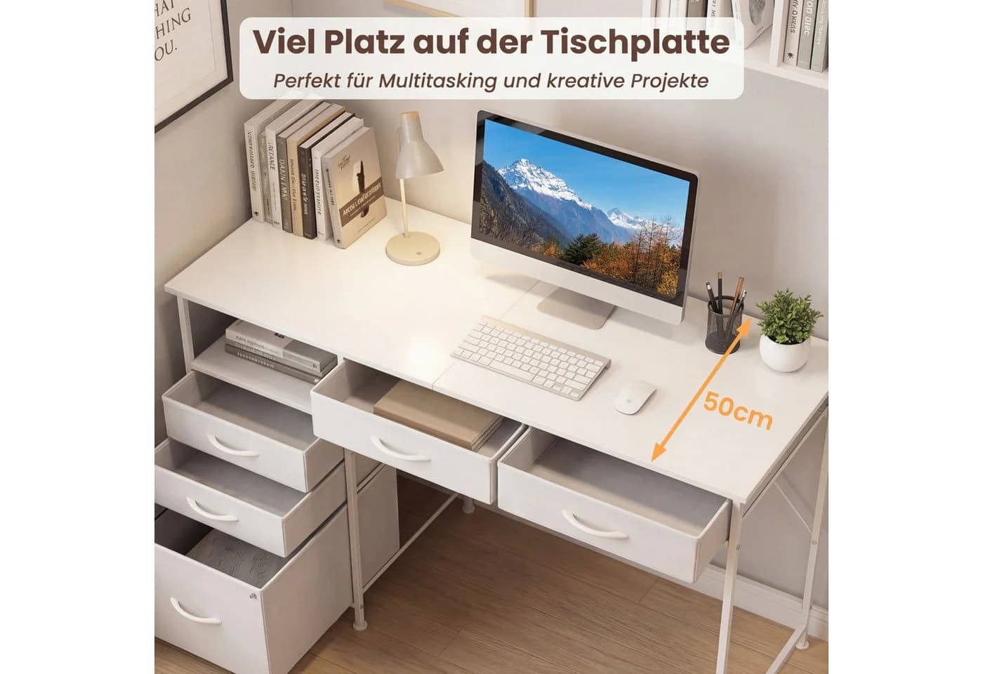 COSTWAY Schreibtisch mit 5 Schubladen & Regal 120x50cm weiß - Bild 4