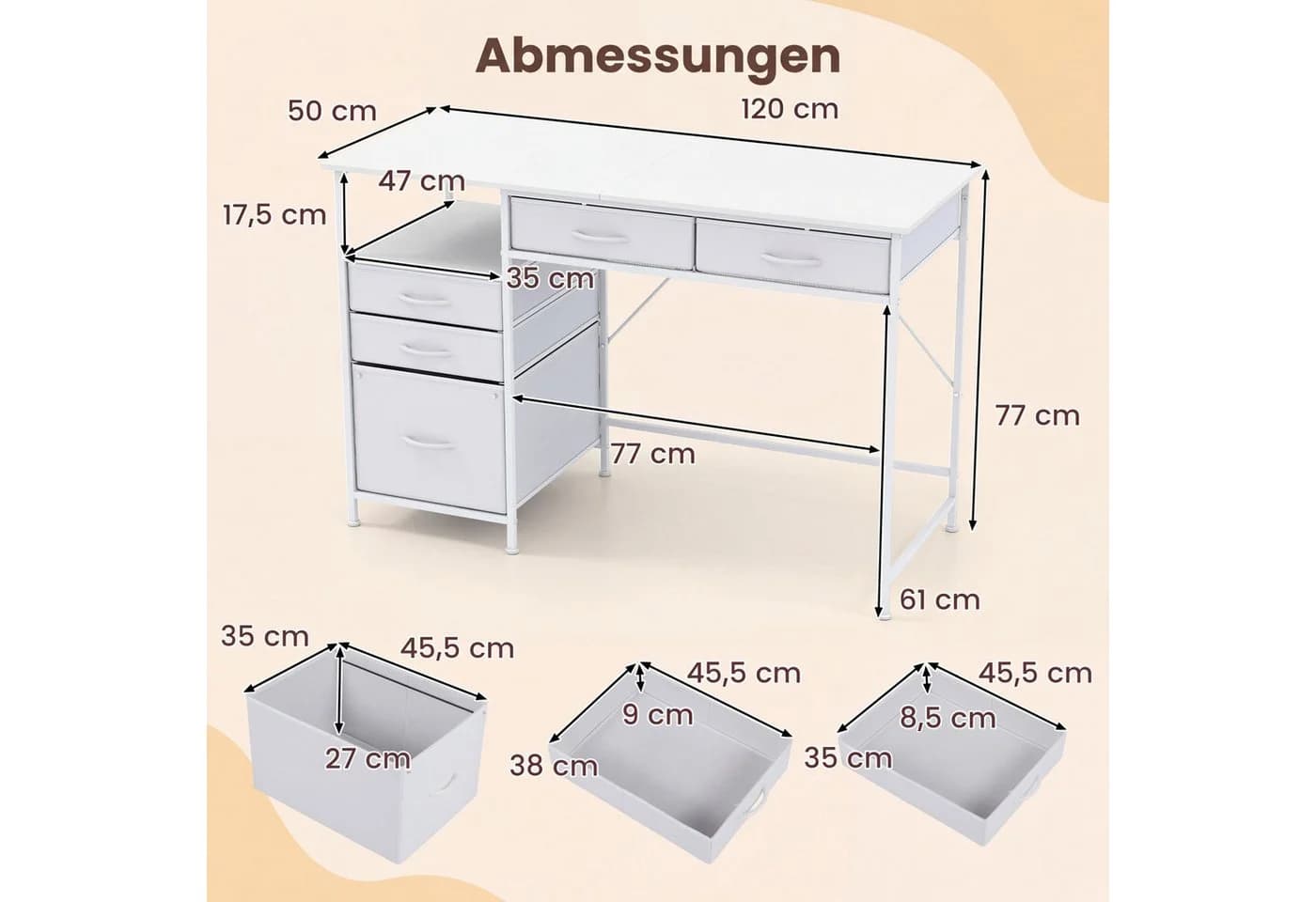 COSTWAY Schreibtisch mit 5 Schubladen & Regal 120x50cm weiß - Bild 5
