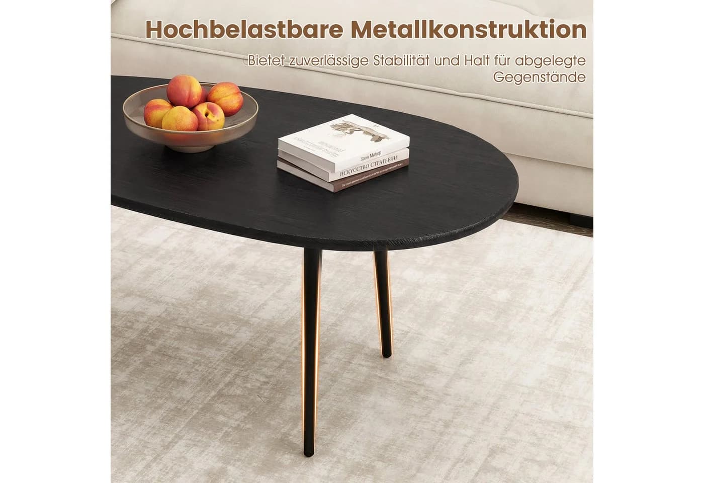 COSTWAY Couchtisch Oval Schwarz/Braun/Natur mit Metallkonstruktion - Bild 4