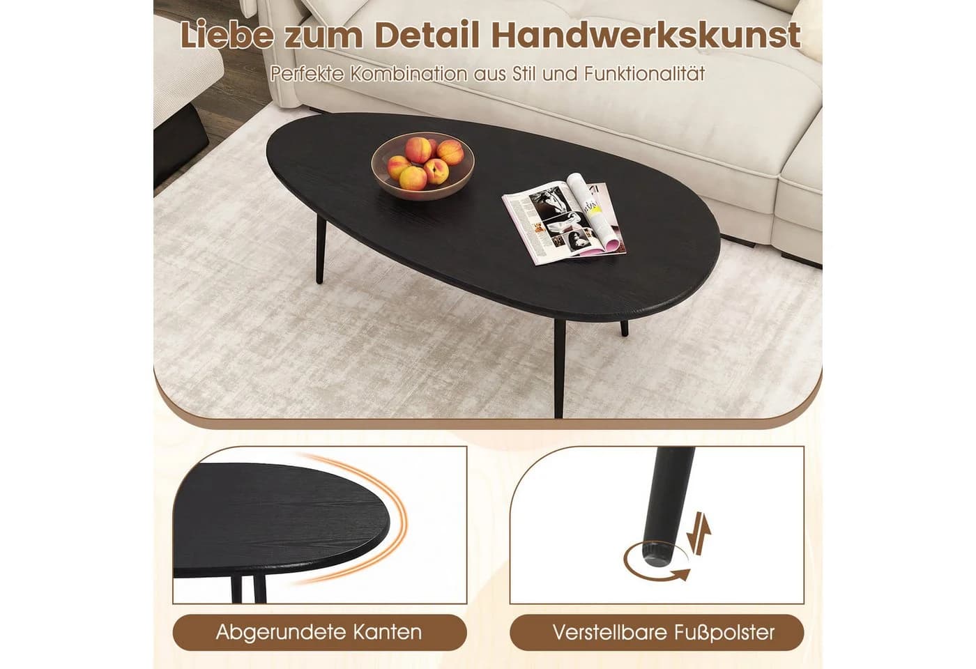COSTWAY Couchtisch Oval Schwarz/Braun/Natur mit Metallkonstruktion - Bild 5