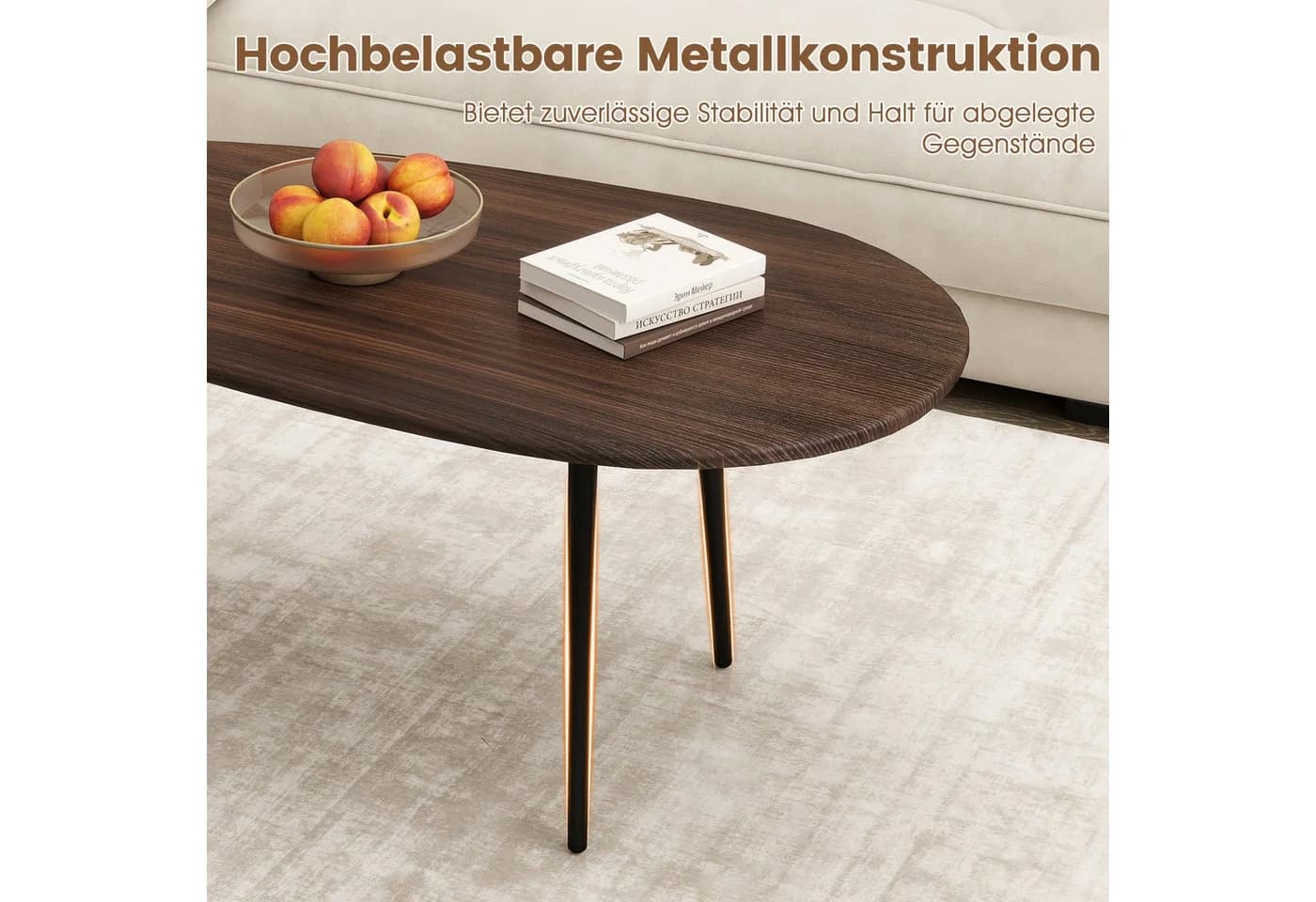 COSTWAY Couchtisch Oval mit Metallkonstruktion Schwarz/Braun/Natur - Bild 4