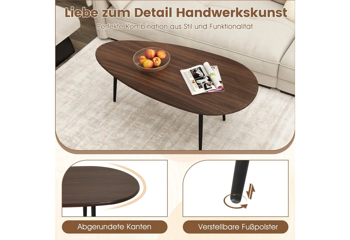 COSTWAY Couchtisch Oval mit Metallkonstruktion Schwarz/Braun/Natur - Bild 5