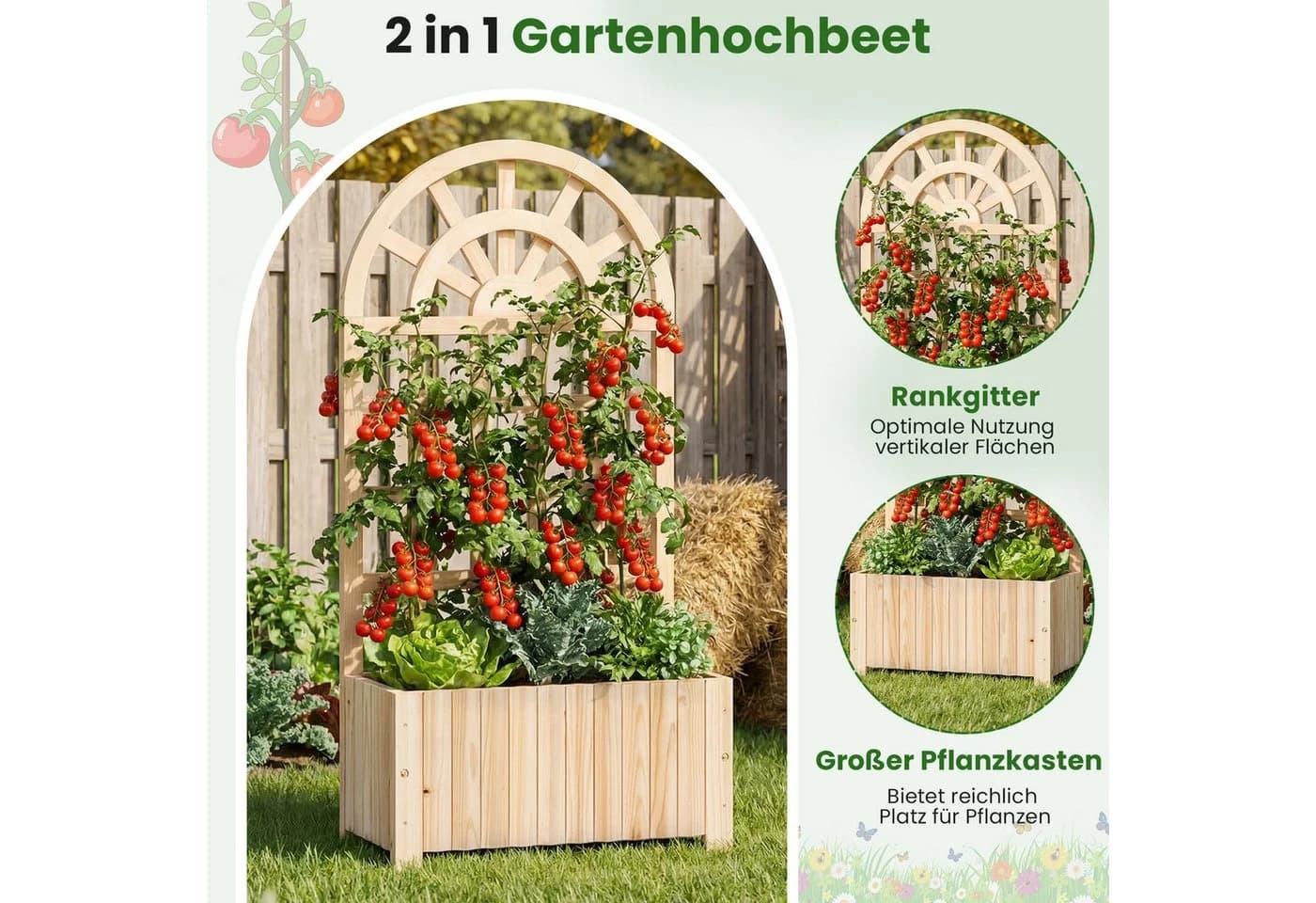 COSTWAY Hochbeet mit Rankgitter, Fichtenholz, Natur/Braun