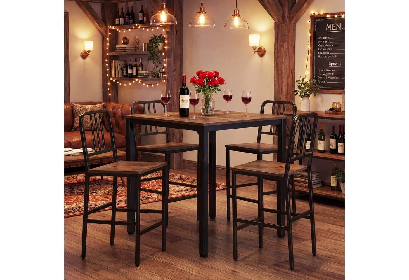 COSTWAY Essgruppe Thekenhöhe 90x90 cm mit 4 Hockern Braun