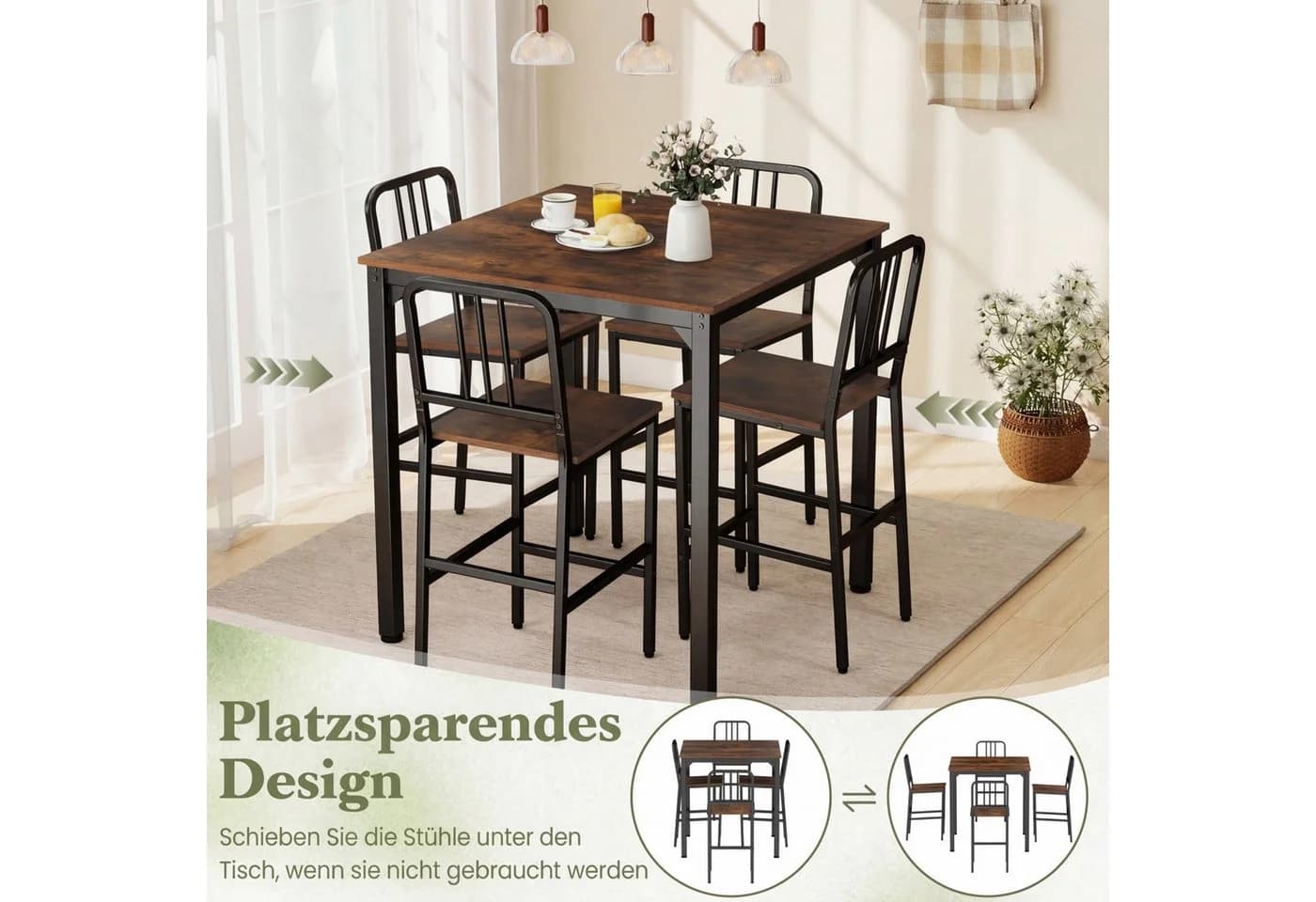 COSTWAY Essgruppe Thekenhöhe 90x90 cm mit 4 Hockern Braun - Bild 4