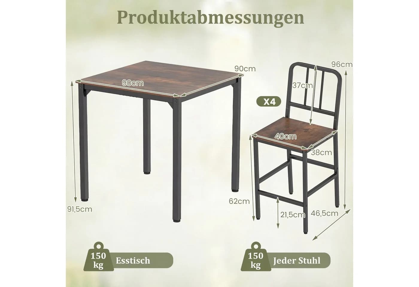 COSTWAY Essgruppe Thekenhöhe 90x90 cm mit 4 Hockern Braun - Bild 5