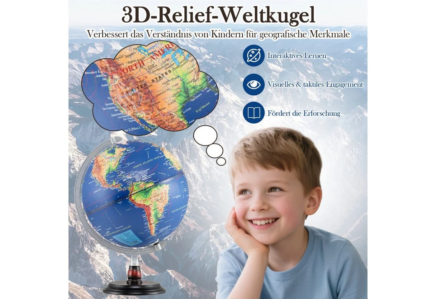 KOMFOTTEU Globus Weltglobus mit erhabener Reliefkarte LED-Beleuchtung - Bild 3