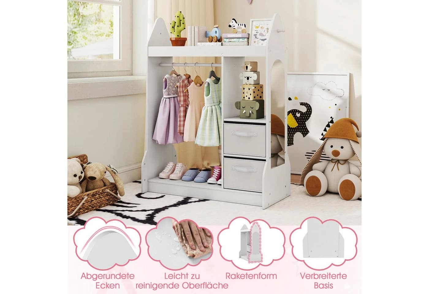 KOMFOTTEU Kinderkleiderschrank Rosa/Weiß mit Spiegel & Kleiderstange