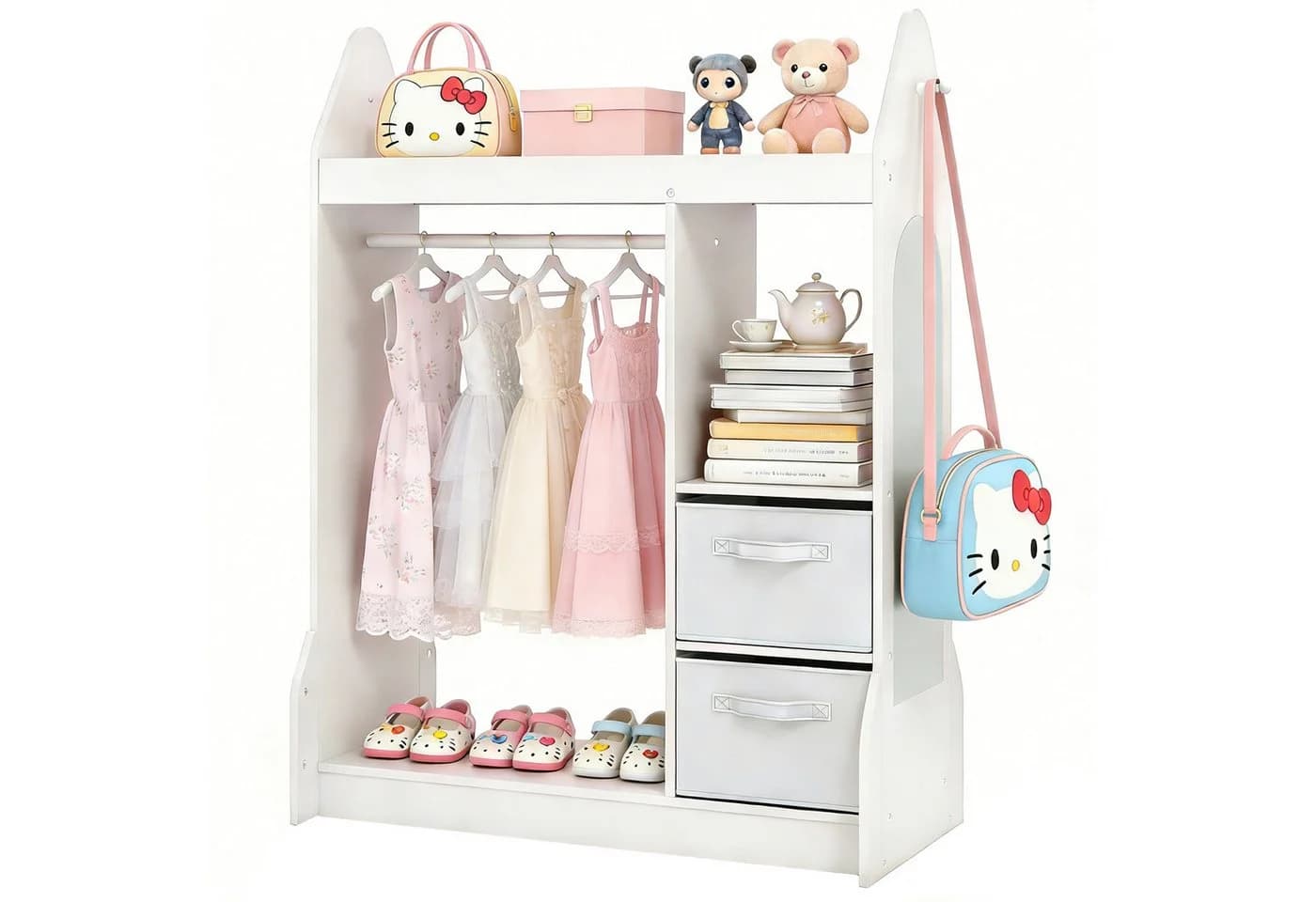 KOMFOTTEU Kinderkleiderschrank Rosa/Weiß mit Spiegel & Kleiderstange - Bild 2