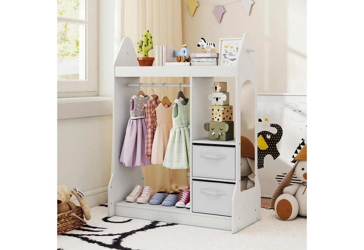 KOMFOTTEU Kinderkleiderschrank Rosa/Weiß mit Spiegel & Kleiderstange - Bild 3