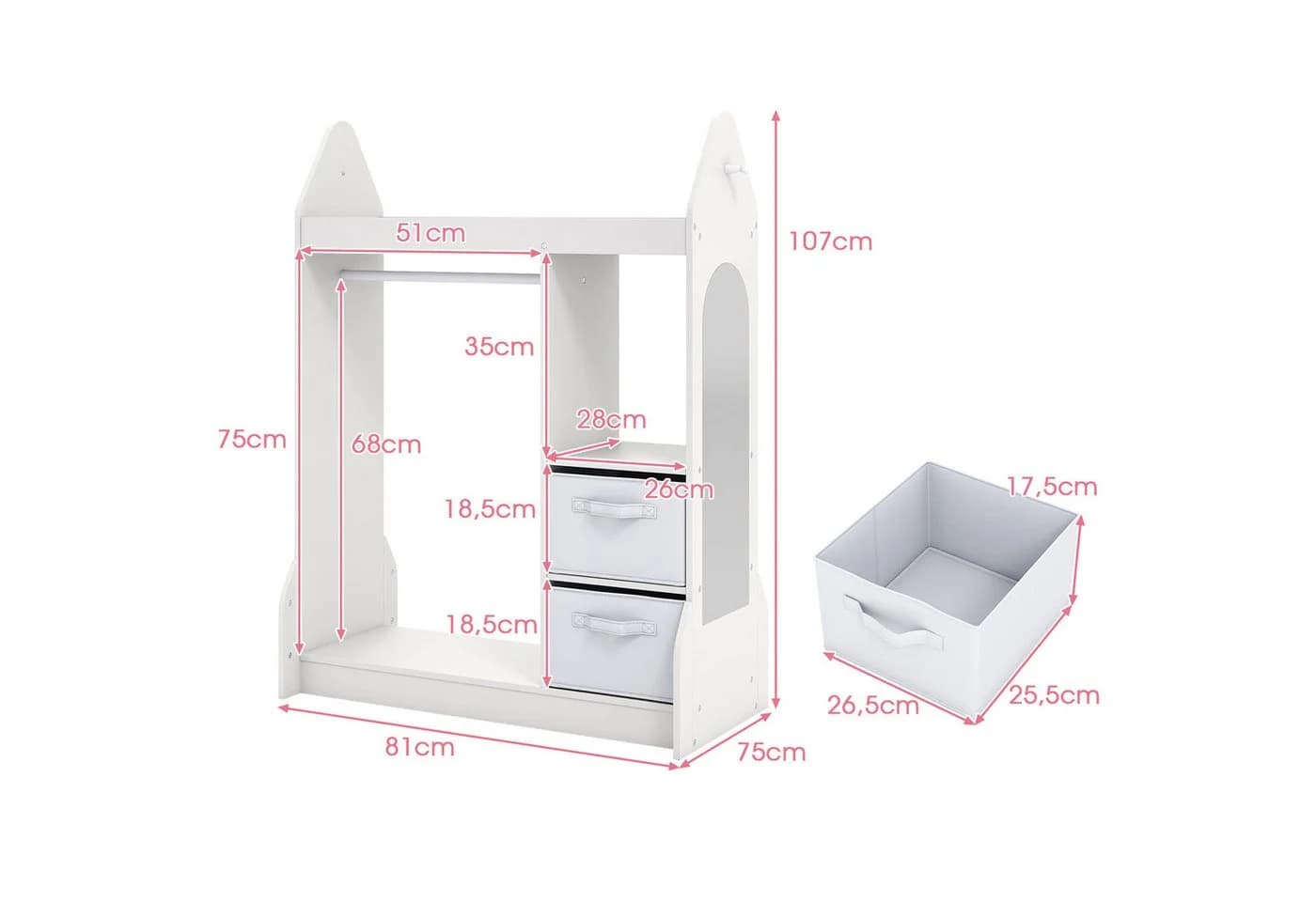 KOMFOTTEU Kinderkleiderschrank Rosa/Weiß mit Spiegel & Kleiderstange - Bild 4