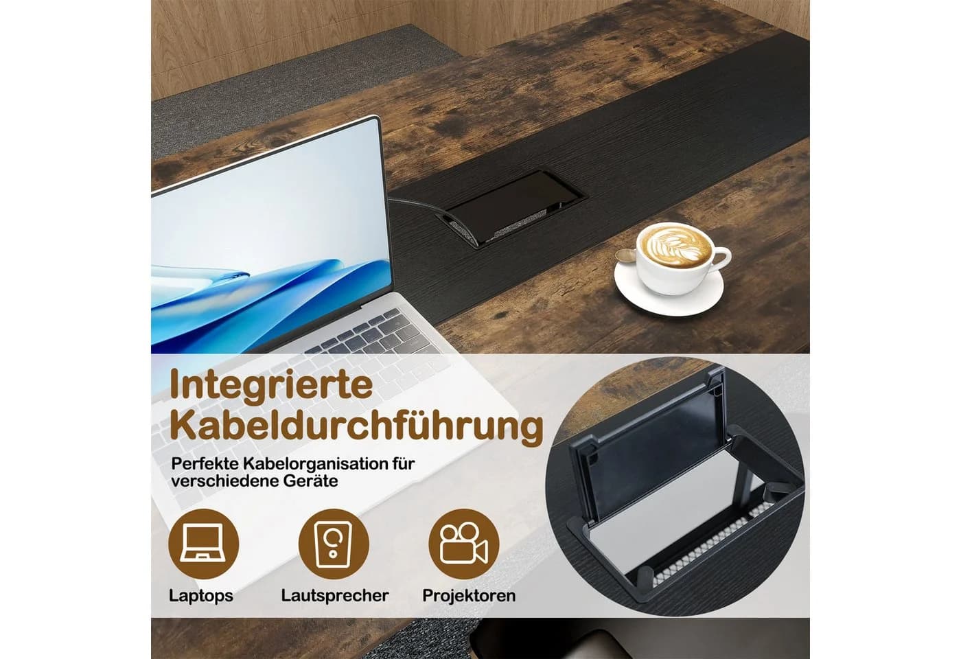 KOMFOTTEU Konferenztisch Schwarz/Rustikal Braun mit Ablagefach - Bild 3