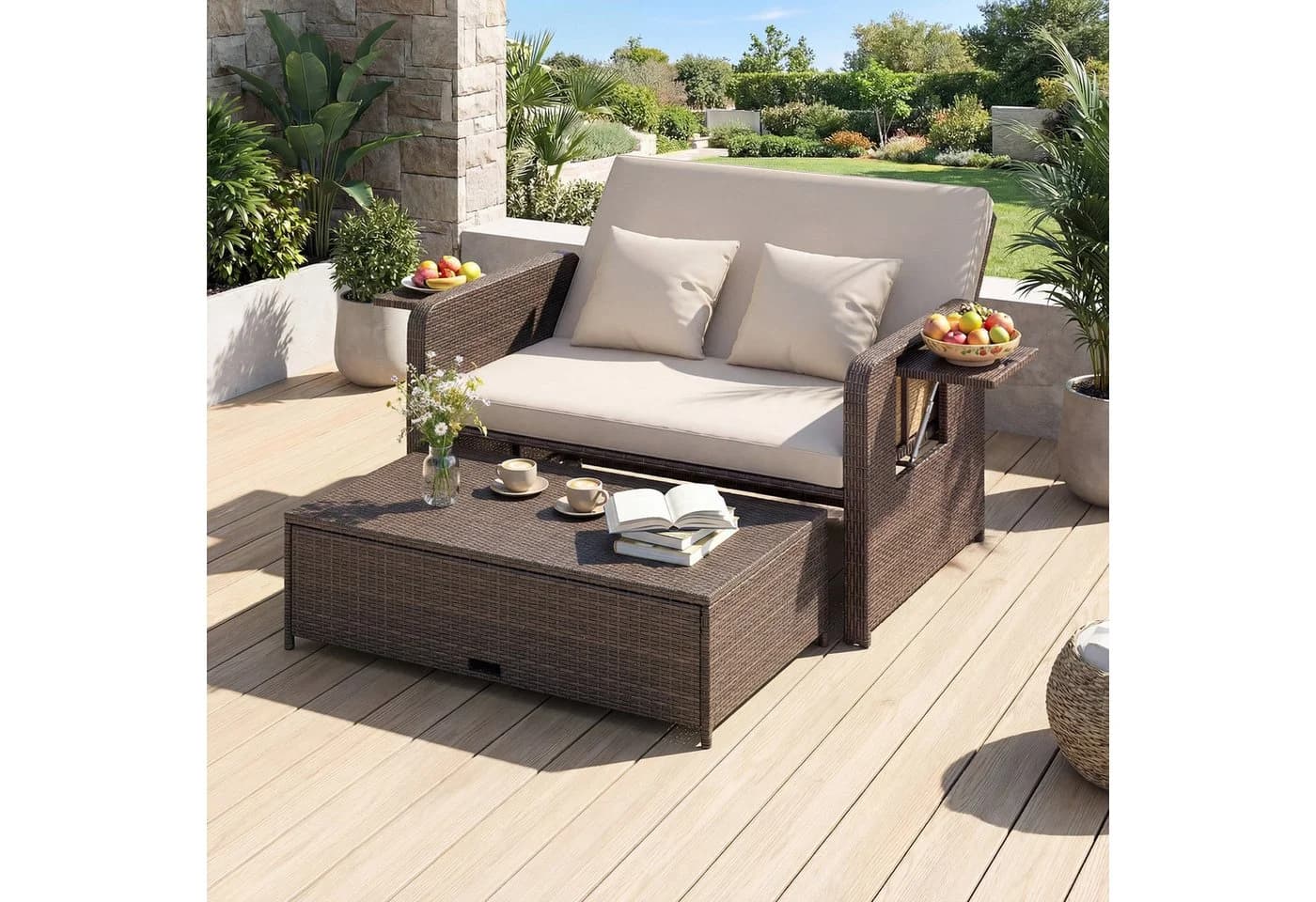 KOMFOTTEU Loungebett 2-Sitzer Gartensofa mit Liegefunktion Braun