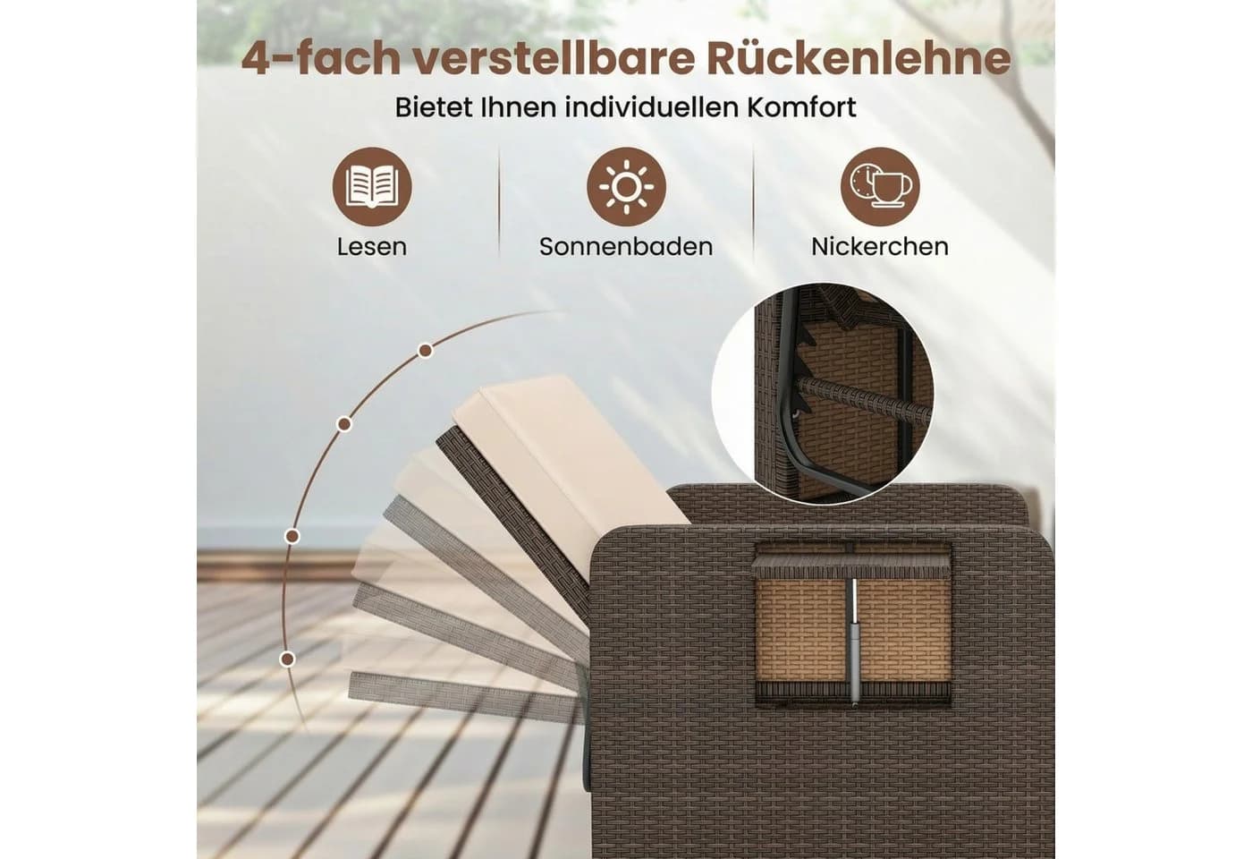 KOMFOTTEU Loungebett 2-Sitzer Gartensofa mit Liegefunktion Braun - Bild 4