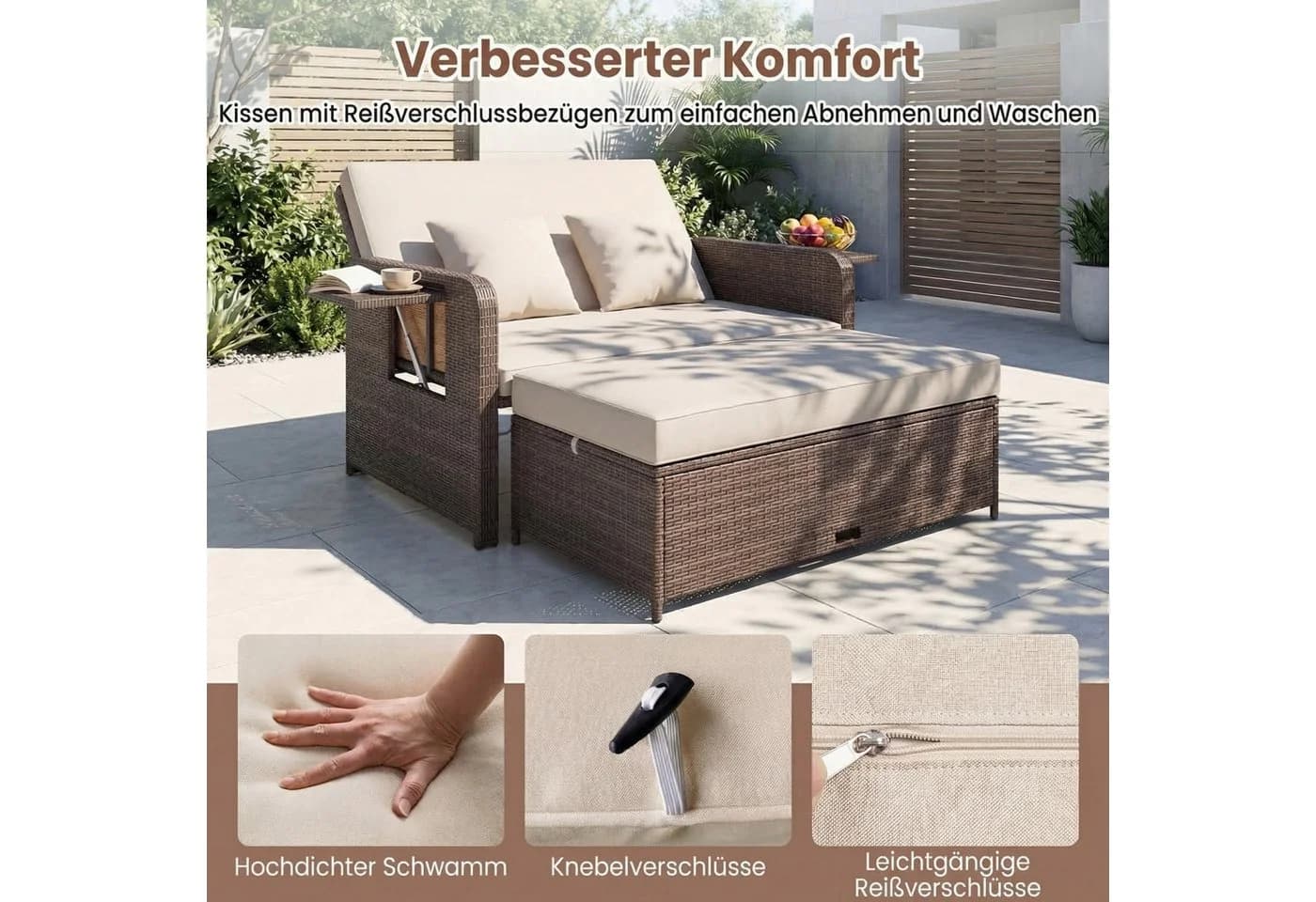 KOMFOTTEU Loungebett 2-Sitzer Gartensofa mit Liegefunktion Braun - Bild 5