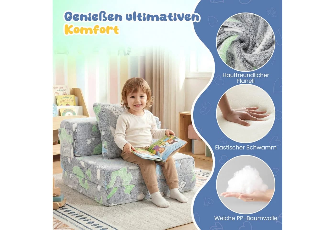 KOMFOTTEU Kindersofa 3-in-1 Schlafsofa Grau Bunt Flanell
