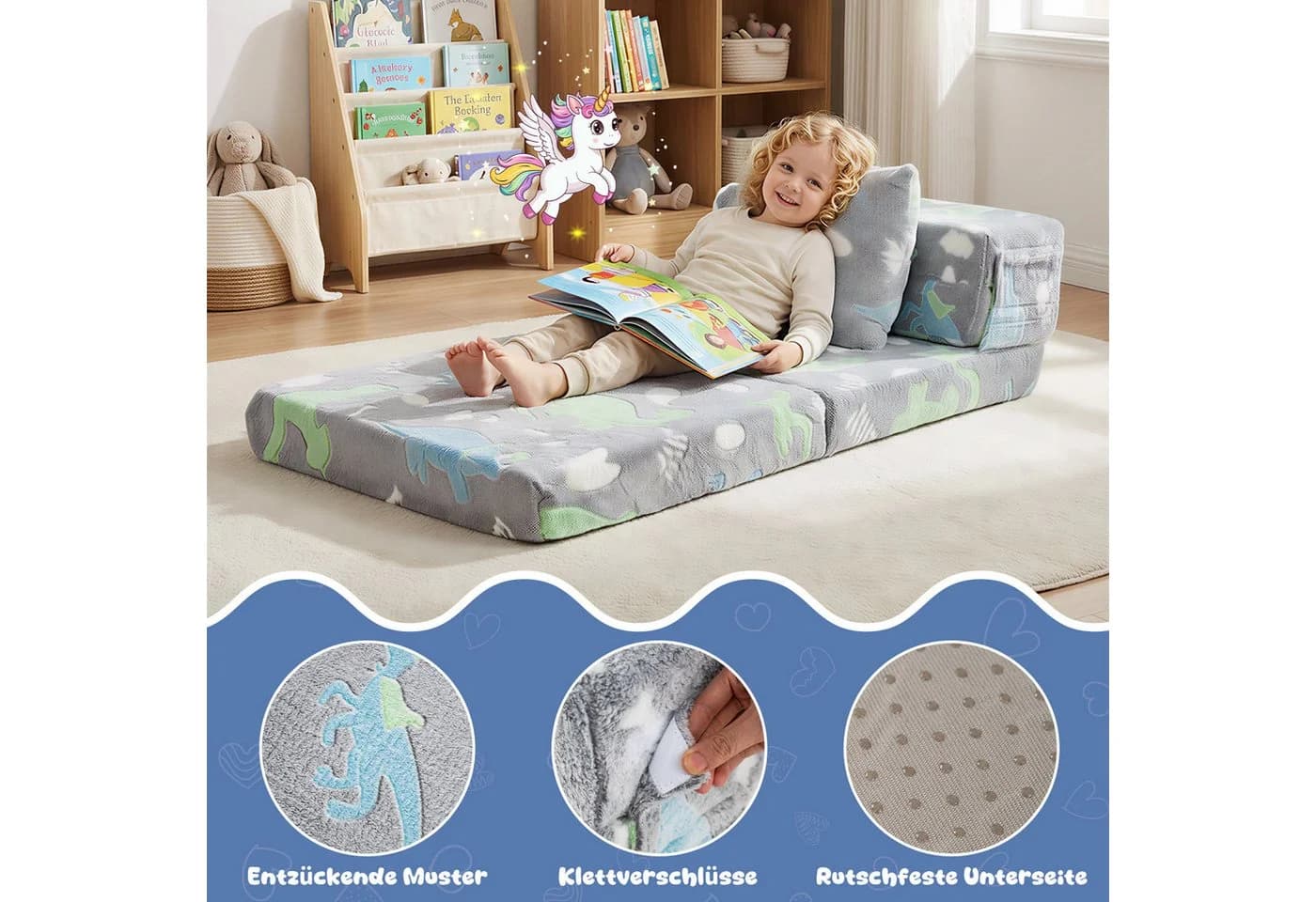 KOMFOTTEU Kindersofa 3-in-1 Schlafsofa Grau Bunt Flanell - Bild 4