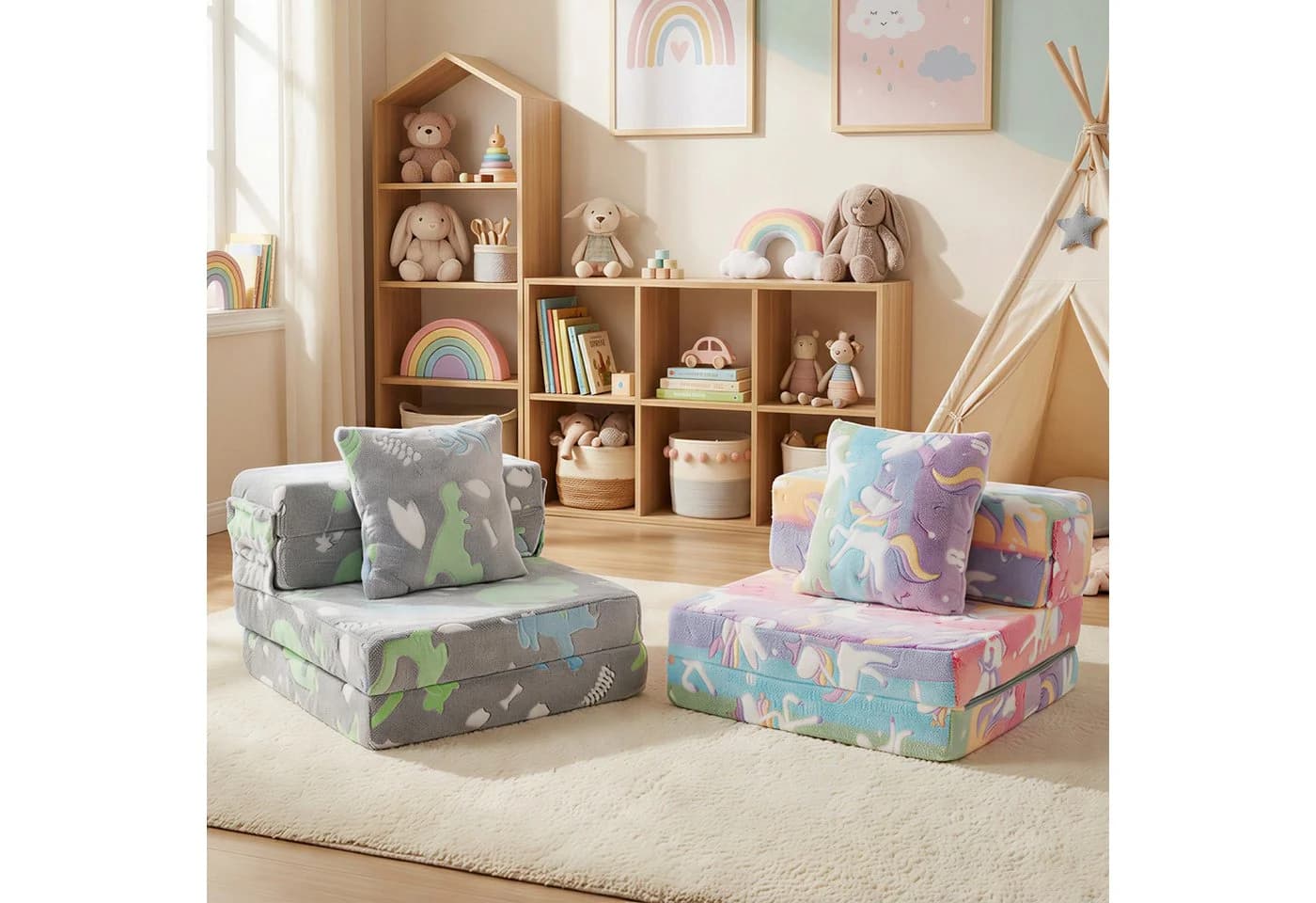 KOMFOTTEU Kindersofa 3-in-1 Schlafsofa Grau Bunt Flanell - Bild 5