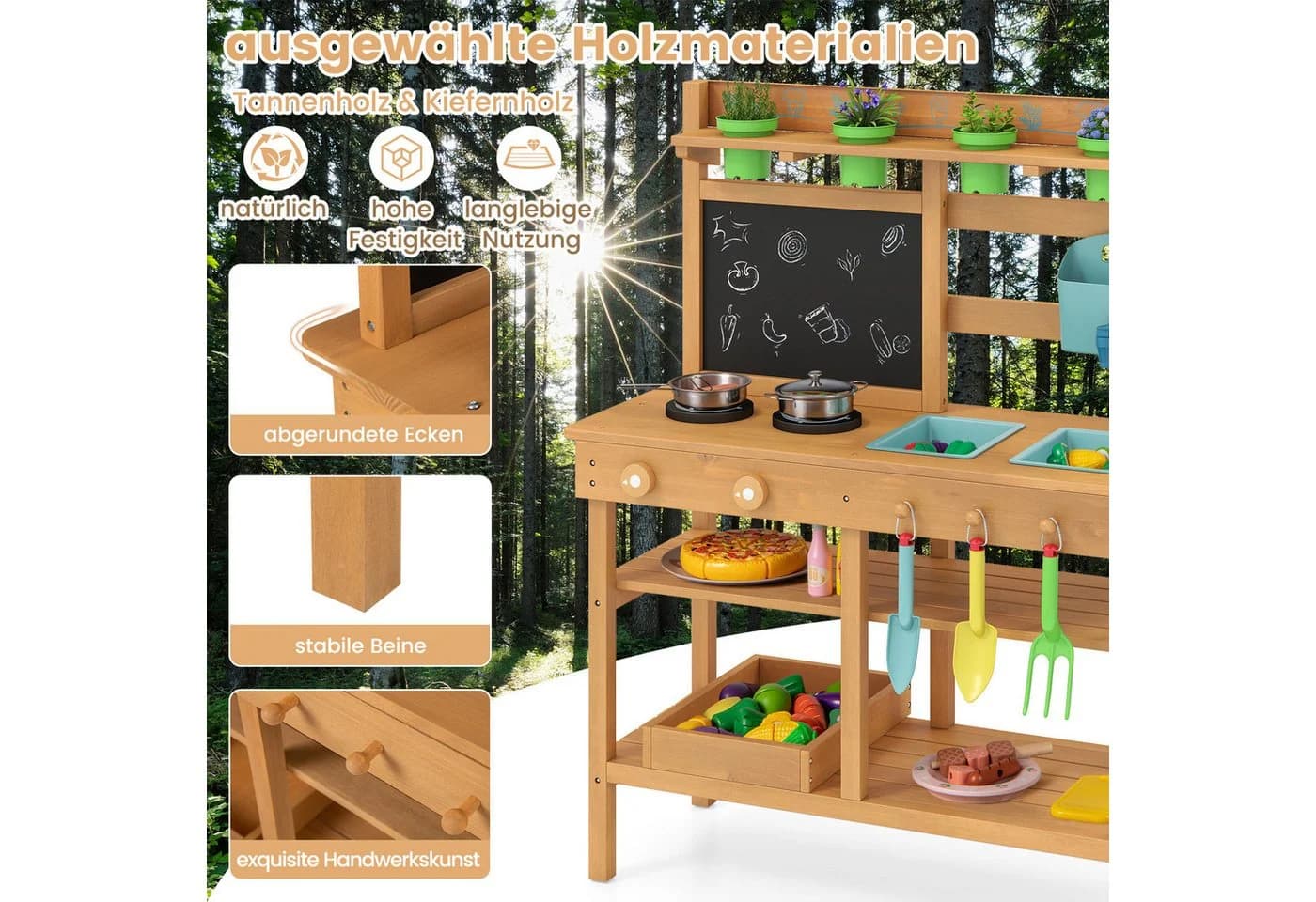 KOMFOTTEU Outdoor-Spielküche Holz mit Pflanzkästen & Werkzeug - Bild 3