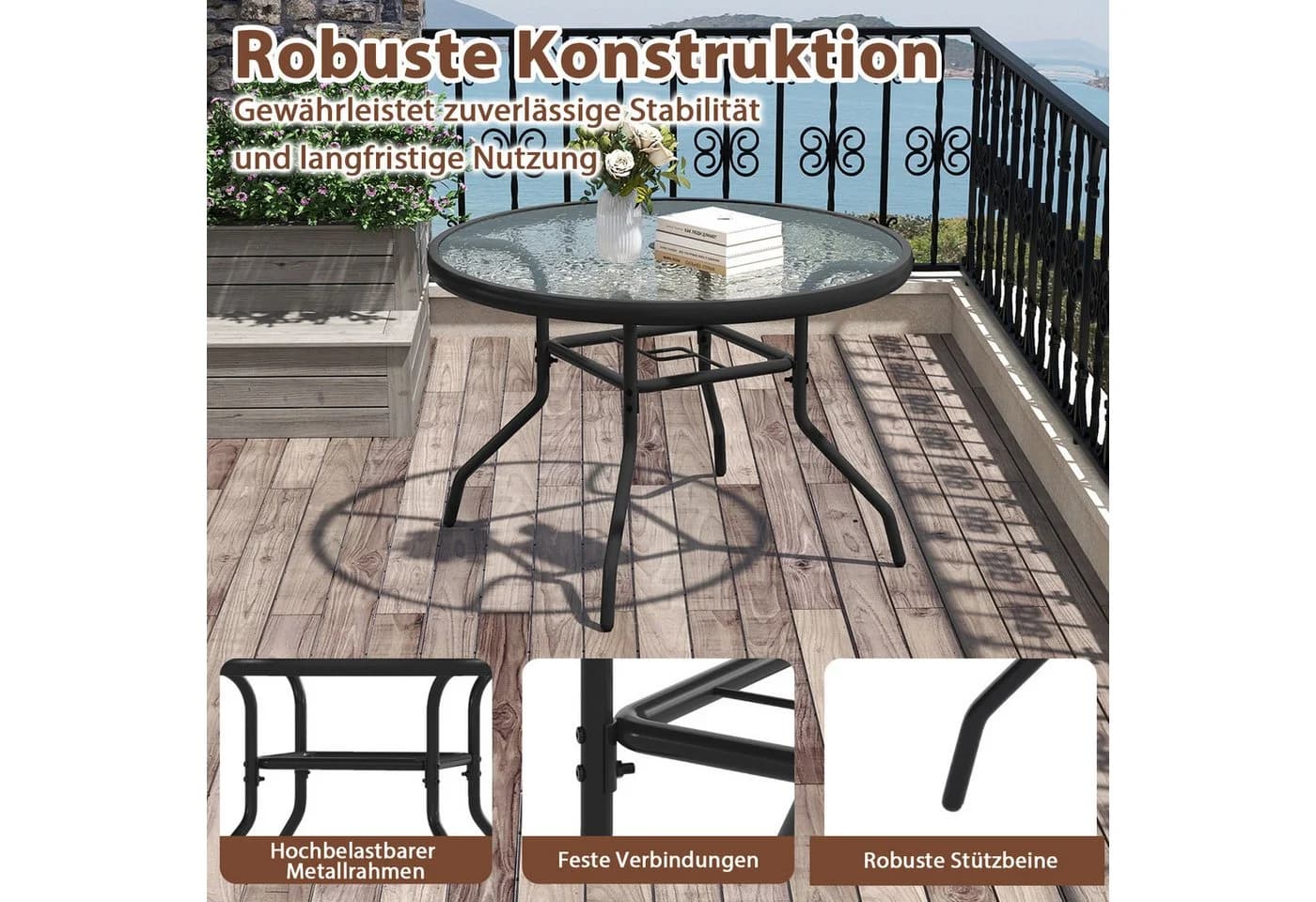 KOMFOTTEU Gartentisch Schwarz mit Schirmloch und gehärteter Glasplatte - Bild 3