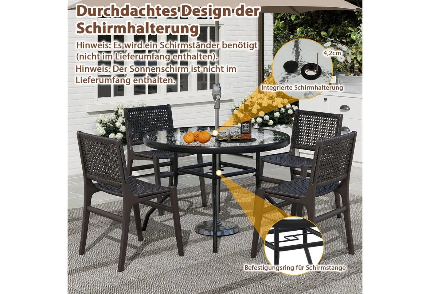 KOMFOTTEU Gartentisch Schwarz mit Schirmloch und gehärteter Glasplatte - Bild 4