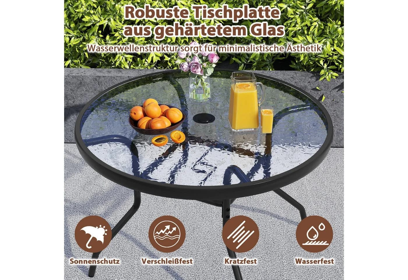 KOMFOTTEU Gartentisch Schwarz mit Schirmloch und gehärteter Glasplatte - Bild 5