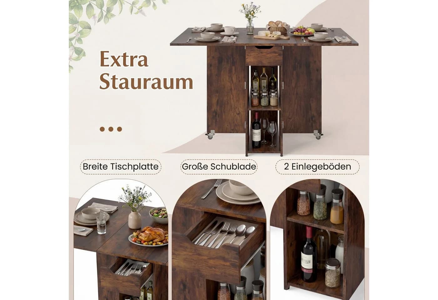 KOMFOTTEU Klapptisch Esstisch mit Rollen und Schublade - Bild 4