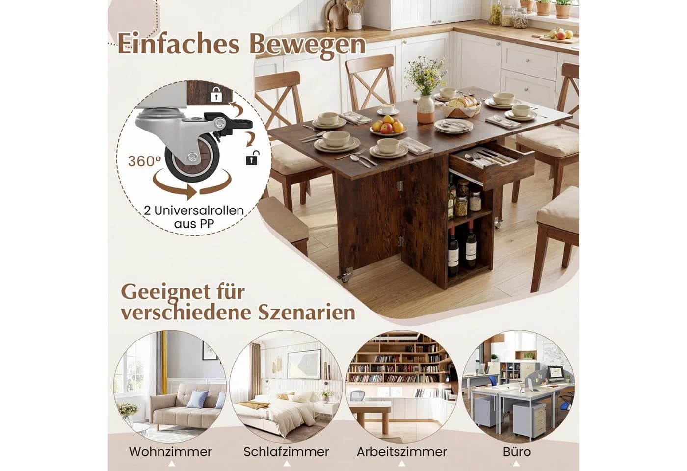 KOMFOTTEU Klapptisch Esstisch mit Rollen und Schublade - Bild 5