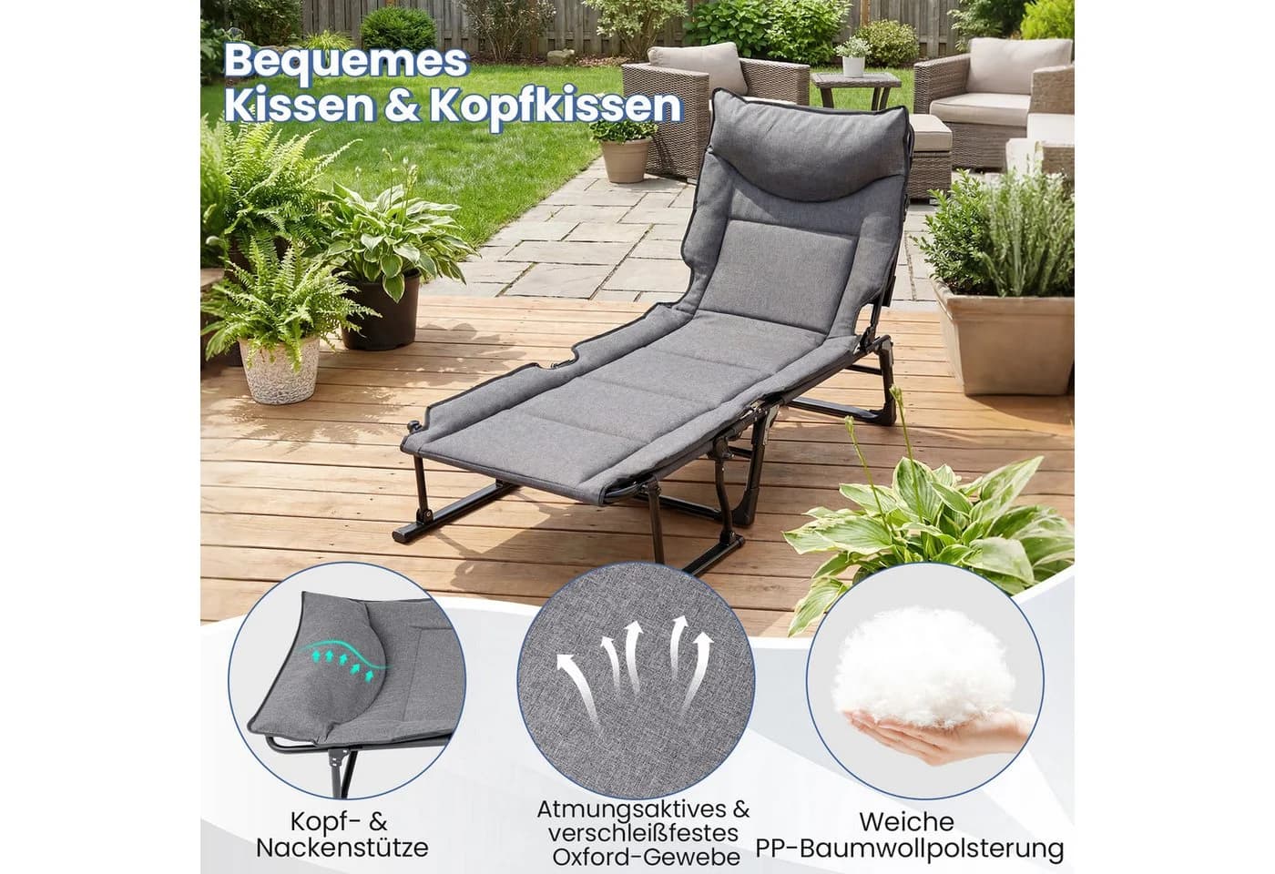 COSTWAY Gartenliege 3-in-1 Klappbett Grau/Schwarz verstellbar