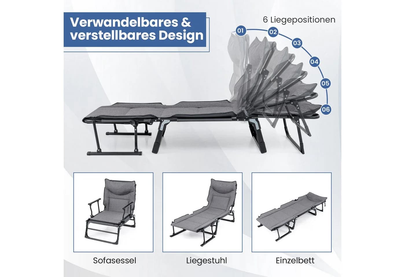 COSTWAY Gartenliege 3-in-1 Klappbett Grau/Schwarz verstellbar - Bild 3