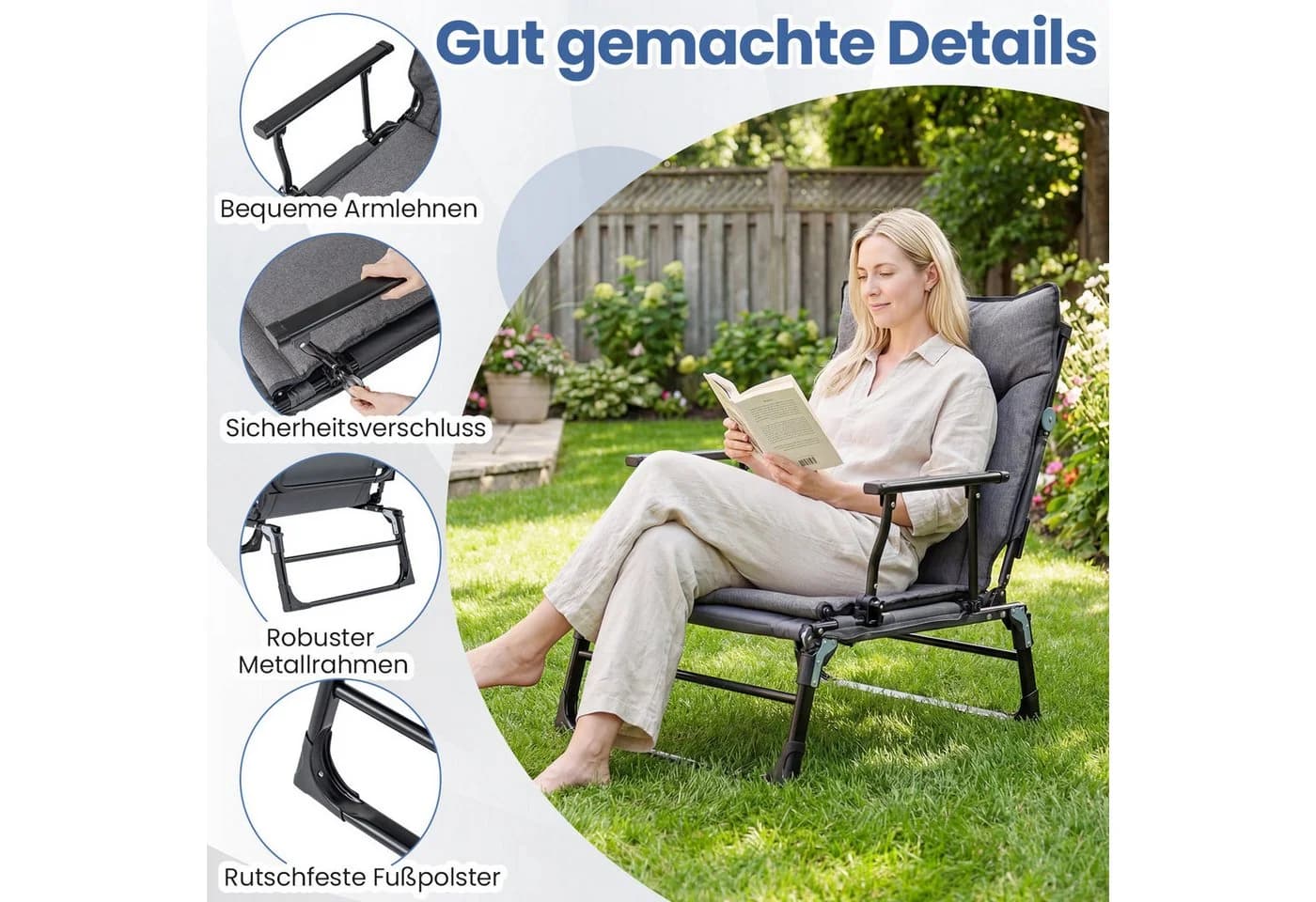 COSTWAY Gartenliege 3-in-1 Klappbett Grau/Schwarz verstellbar - Bild 5