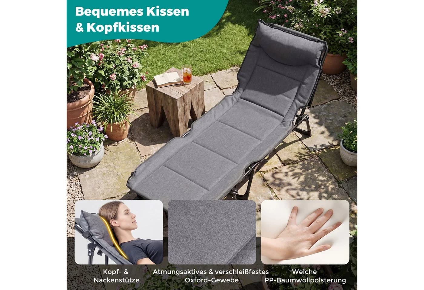COSTWAY Gartenliege 3-in-1 Klappbett Grau/Schwarz verstellbar