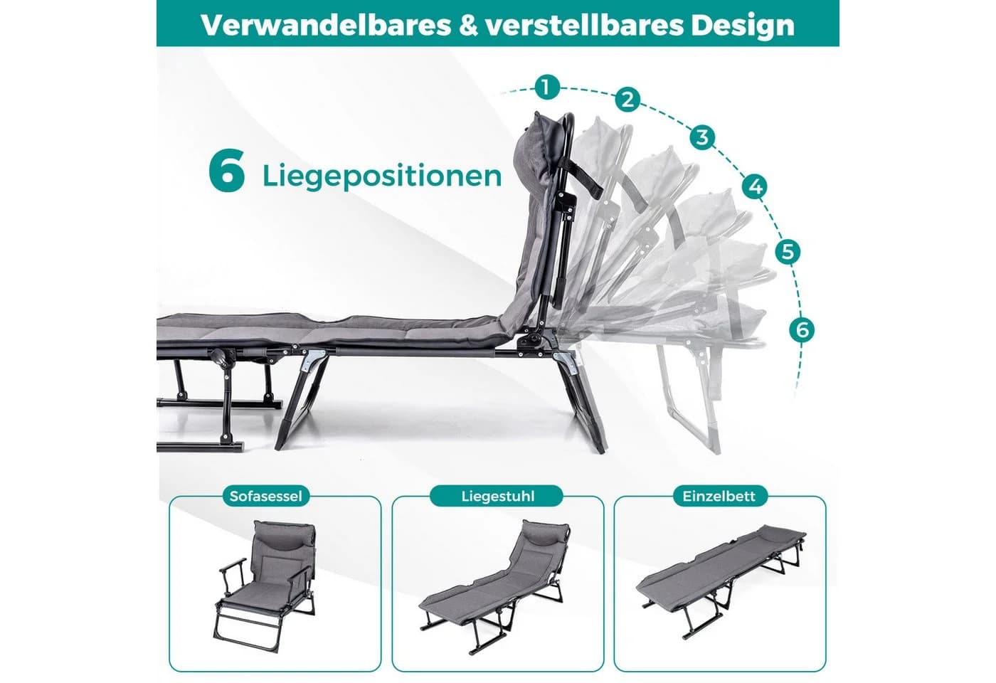 COSTWAY Gartenliege 3-in-1 Klappbett Grau/Schwarz verstellbar - Bild 3