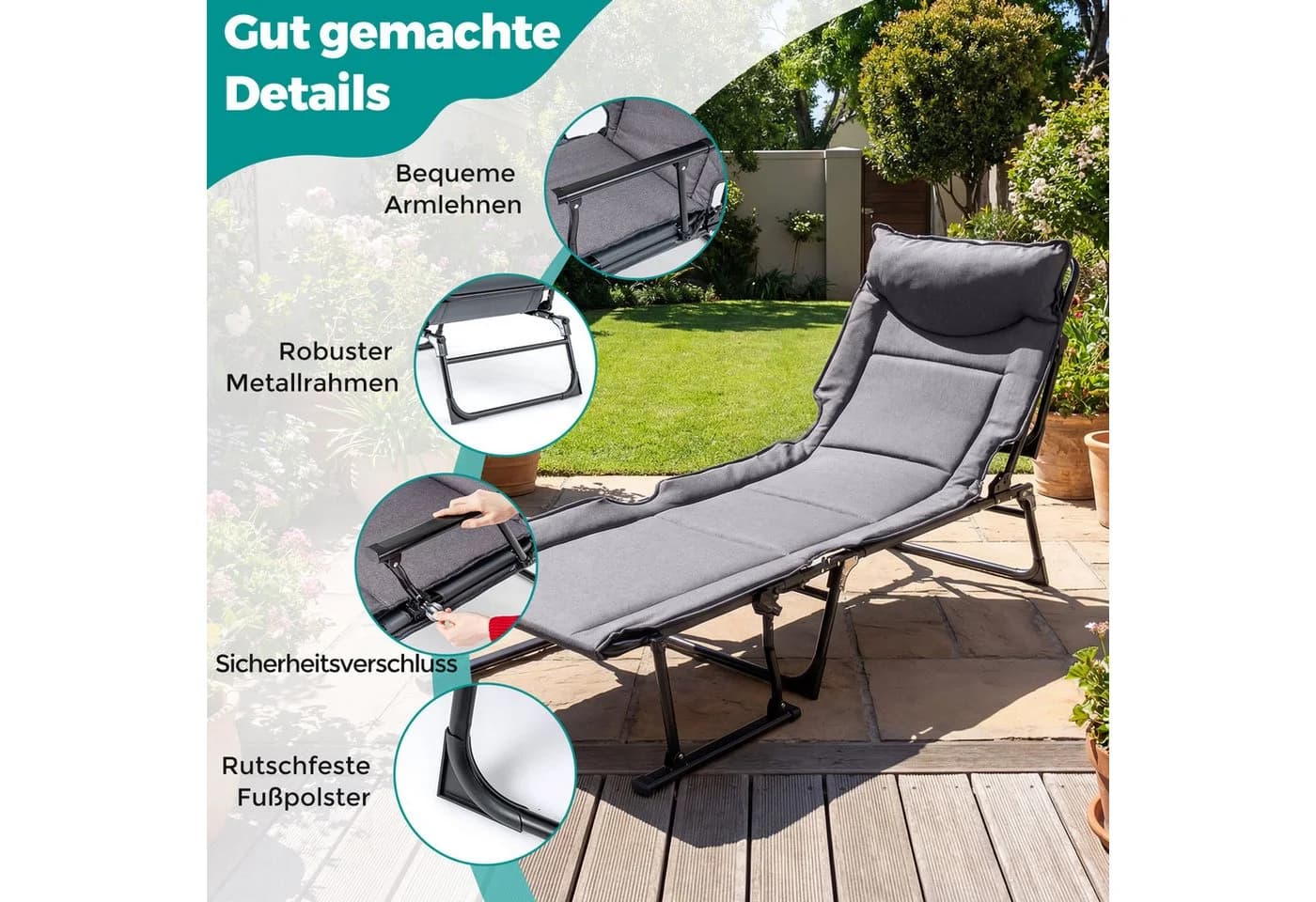 COSTWAY Gartenliege 3-in-1 Klappbett Grau/Schwarz verstellbar - Bild 4