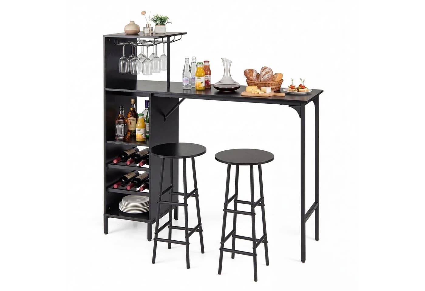 COSTWAY Bartisch 3-tlg. mit Hockern, Weinregal & Halterungen - Bild 2