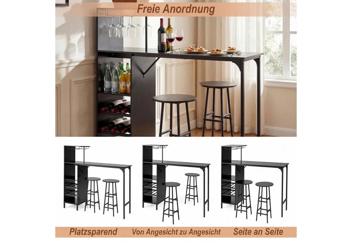 COSTWAY Bartisch 3-tlg. mit Hockern, Weinregal & Halterungen - Bild 5