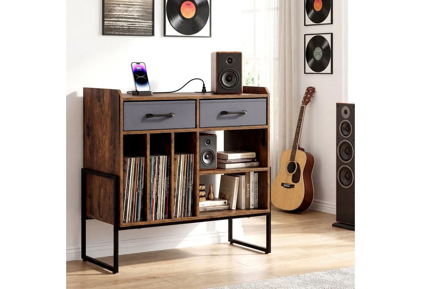 COSTWAY Sideboard Braun mit Plattenspieler-Tisch und Steckdosen