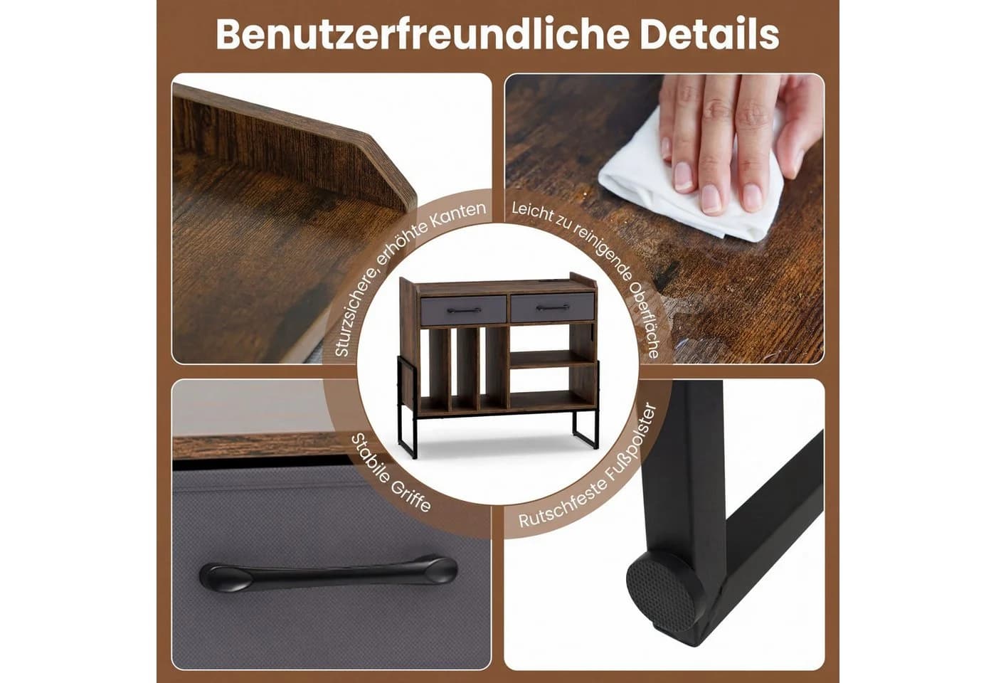 COSTWAY Sideboard Braun mit Plattenspieler-Tisch und Steckdosen - Bild 3